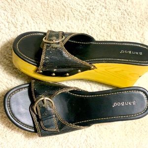 Black leather bamboo wedge sandal 10